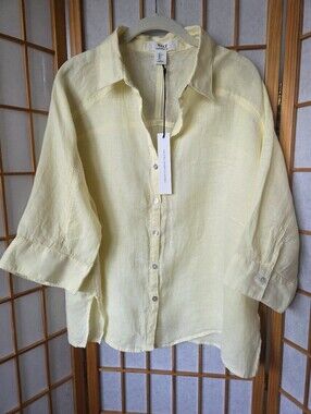 NWT WILT 100% YELLOW LINEN BUTTONS DOWN 3/4 SLEEVES RELAXED STYLE BLOUSE SIZE L